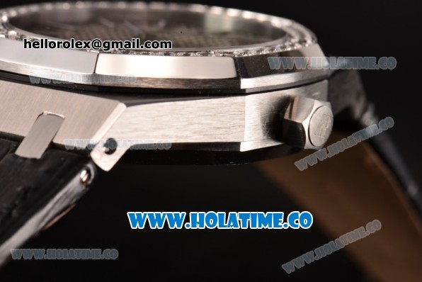 Audemars Piguet Royal Oak 41MM Swiss Tourbillon Manual Winding Steel Case with Diamonds Bezel Black Leather Strap and Grey Dial (FT) - Click Image to Close